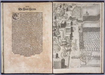 Página XIX com a Secota Village, de &39;Um breve e verdadeiro relatório da nova terra encontrada da Virgínia, Grand Voyages&39;, impresso por Johann Wechel em 1600